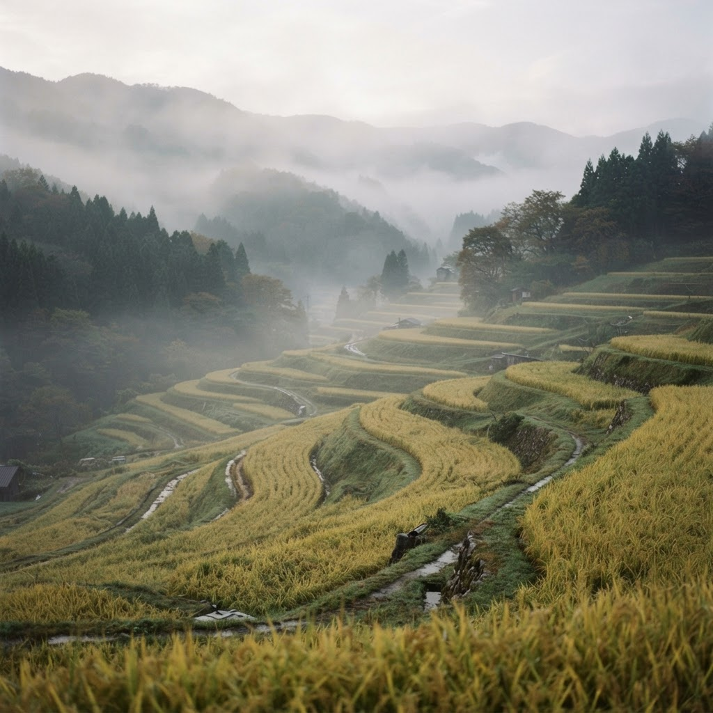 Misty golden rice terraces at dawn in early autumn Japan